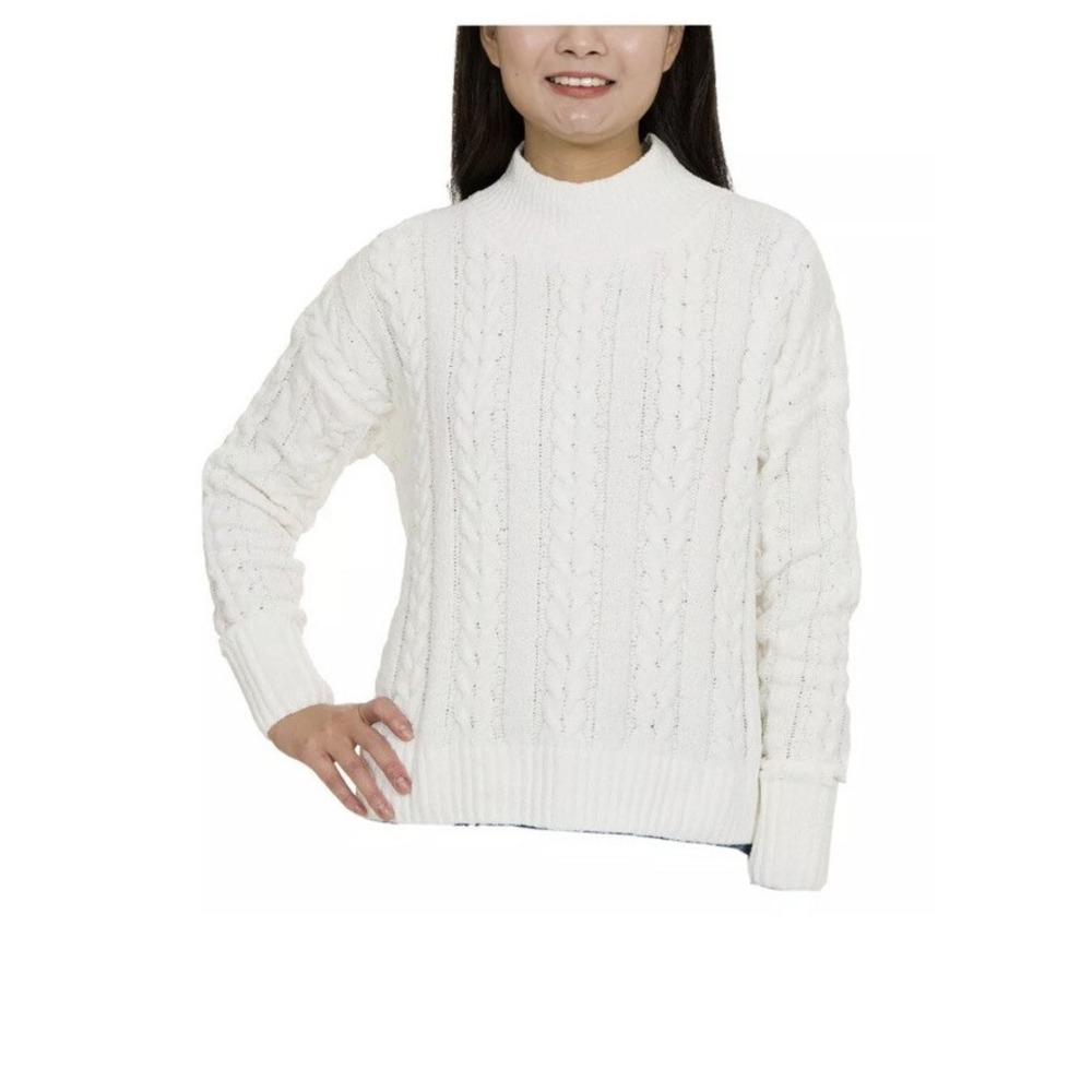 Hippie Rose Womens XS Ivory Cable Knit Long Sleeve Mock Neck Pullover Sweater